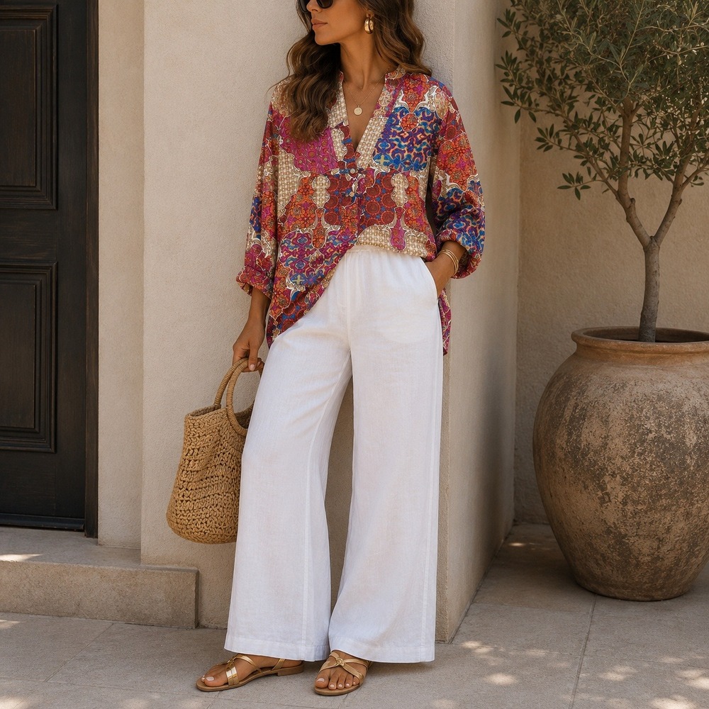 Natori MultiColor Floral Resort Wear Top Womens XL Statement Piece Eclectic Chic